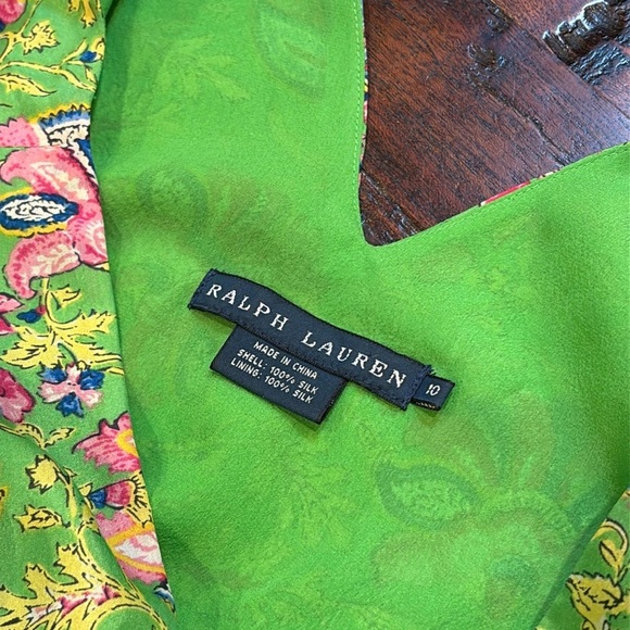Ralph Lauren Vintage V-Neck Paisley Silk Wrap Pleated Tie Dress Green Multi 10 - Picture 11 of 14